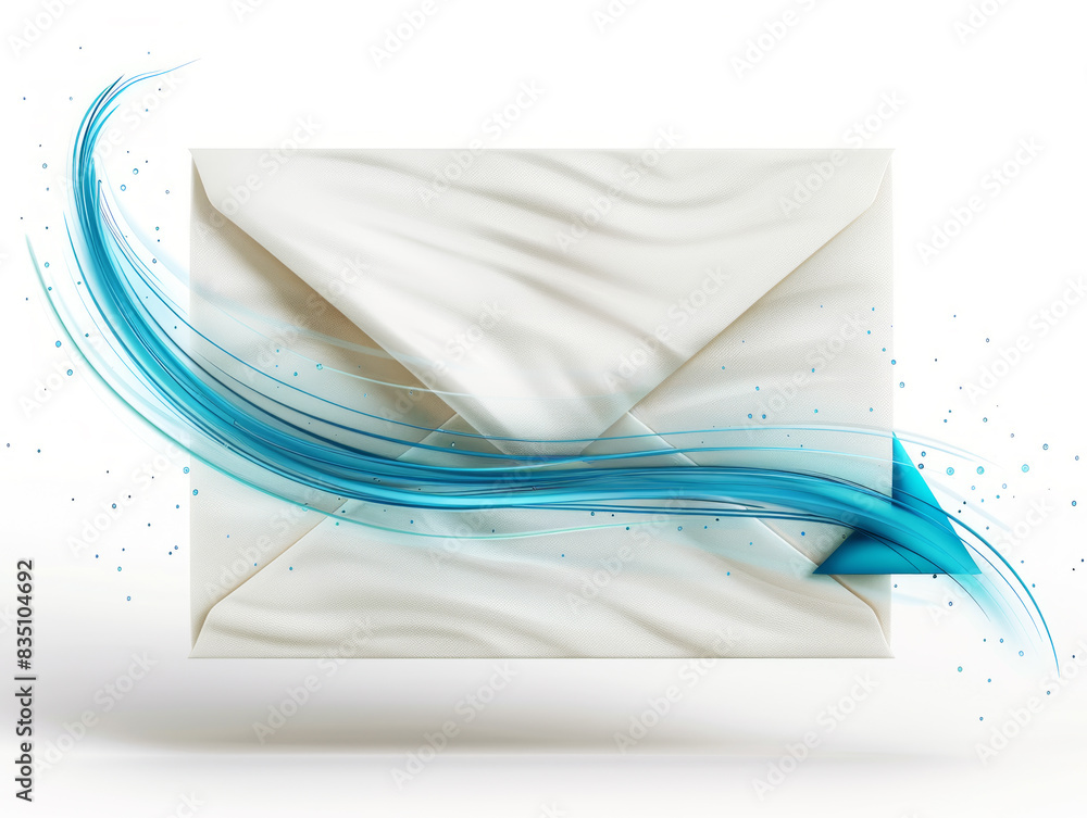 Poster an envelope with dynamic blue swirls and dots on a white background, symbolizing creativity and comm