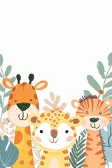 Adorable Safari Animals Cartoon Illustration for Children's Decor