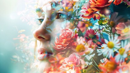 Artistic double exposure of a woman's face overlaid with vibrant, colorful flowers, capturing the essence of nature and beauty