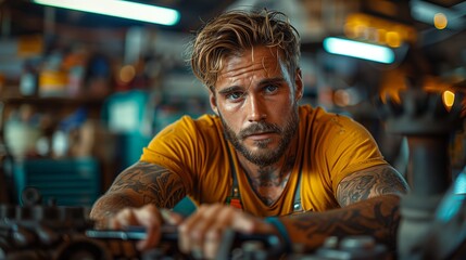 Mechanic in Intense Focus Repairing Engine in Busy Workshop During Daytime