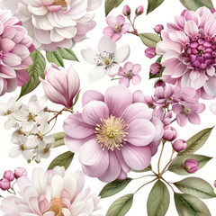 Realistic-watercolor pattern featuring romantic blossoms and leaves in white background