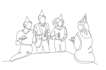 Employees having a party while eating cake. Office parties concept one-line drawing