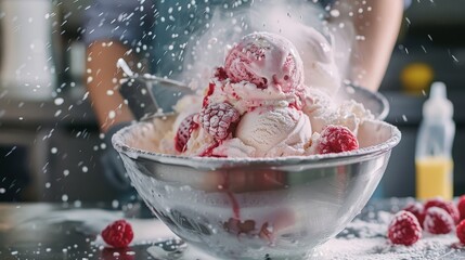 Delightful homemade ice cream creation in the kitchen, capturing the joy of making refreshing summer treats. Perfect for food and culinary themes