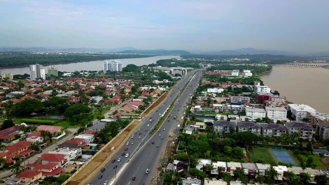 Panoramic aerial view of Samborondon with free-flowing traffic 2.7K