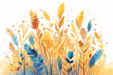Abstract illustration of colorful autumn foliage with a mix of yellow orange and blue leaves against a white background