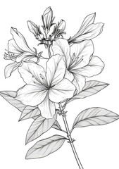 This is a detailed line drawing of a single azalea flower with buds and leaves. The drawing is in black and white, and the azalea flower is shown with its petals fully open, revealing its center.