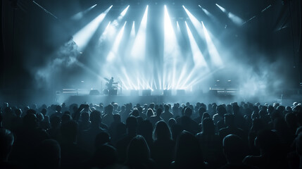 Dark concert stage with fog, illuminated by array of spotlights, casting a blue light creating a dramatic effect with a crowd of people in the foreground. Copy space, 16:9