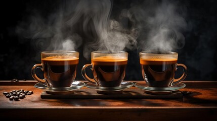 Fototapeta premium Three cups of freshly brewed espresso with steam,