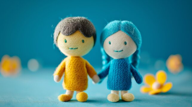 Cute handmade felt dolls boy and girl in colorful outfits with a blue background