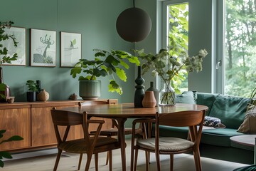 Modern dining room with round wooden table, interior design ai generative