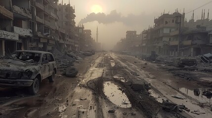 Devastated Buildings and Rubble in City After Intense Airstrikes, Smoke Rising Amidst the Ruins, Highlighting the Aftermath of Conflict and Destruction