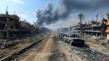 Devastated Buildings and Rubble in City After Intense Airstrikes, Smoke Rising Amidst the Ruins, Highlighting the Aftermath of Conflict and Destruction