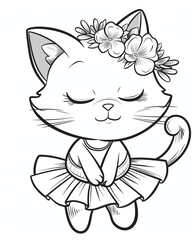 Cute kitten wearing a soft tutu dress and a flower crown, dancing ballet.