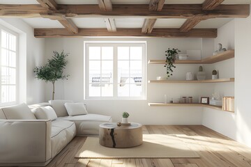 modern living room with a wooden floor, sofa and coffee table, a window in the background, interior design ai generative