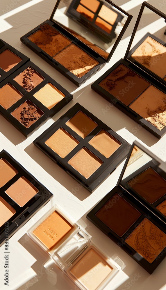 Poster an assortment of makeup palettes featuring contouring and highlighting shades arranged on a light ba
