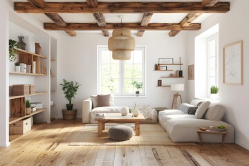 modern living room with a wooden floor, sofa and coffee table, a window in the background, interior design  ai generative