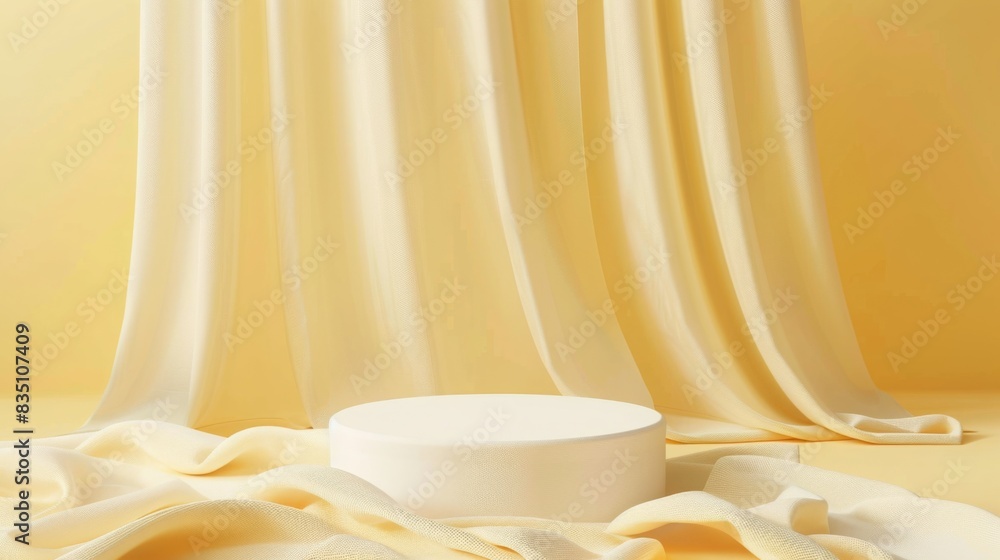 Aufkleber a white cylindrical podium stands in front of sheer fabric drapes with a soft yellow tone, creating 