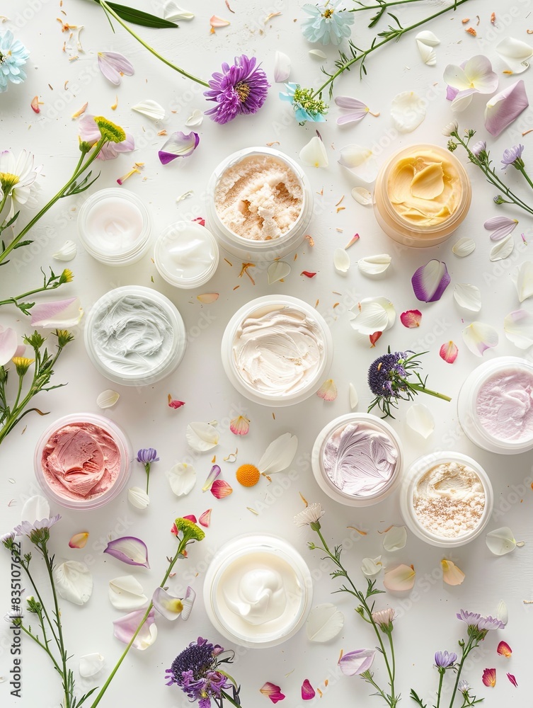 Poster an overhead view of various face masks and creams in jars arranged on a white background, surrounded