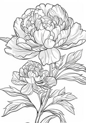Fototapeta premium This black and white line art coloring page features a single peony flower with its delicate petals and leaves. Its perfect for adults who enjoy intricate designs and relaxing activities