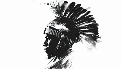 African Zulu warrior helmet illustration, modern graphic design, isolated, copy and text space, close-up, macro, white background, black and white. Template, banner, background, wallpaper, backdrop