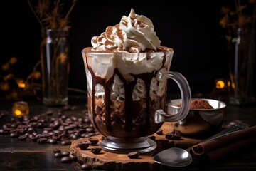 A cup of hot chocolate with whipped cream and chocolate shavings,