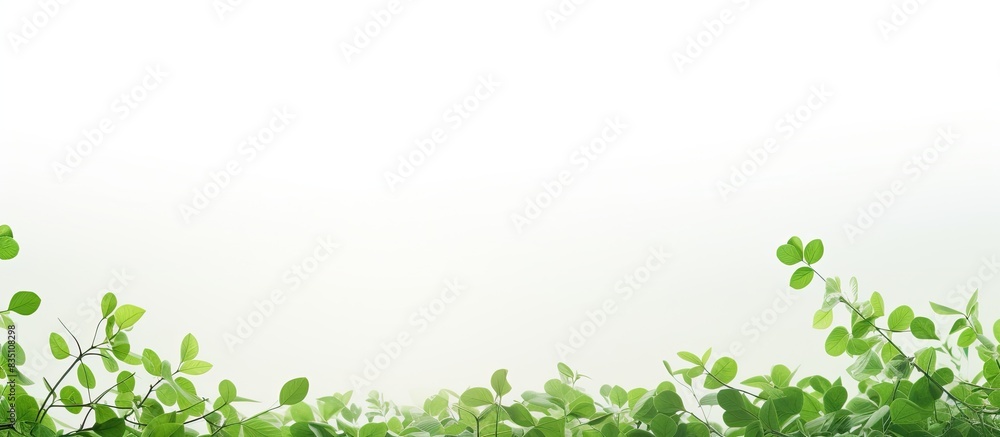 Poster A serene scene featuring numerous tiny leaves against a clear white sky, creating a peaceful atmosphere perfect for adding text or other elements in the copy space image.