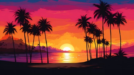 A beautiful sunset over the ocean with palm trees in the foregro