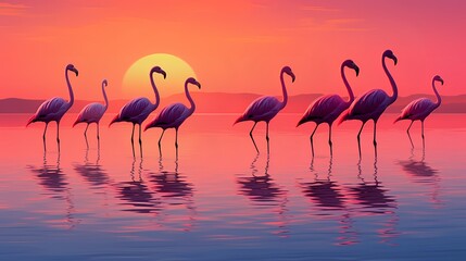 Obraz premium A beautiful sunset over a lake with pink flamingos