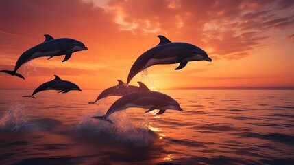 Dolphins jumping out of the water at sunset