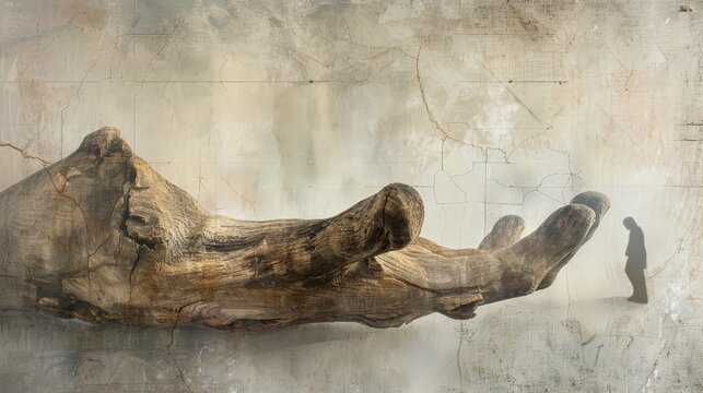 Sculpture en bois en forme de main tendue vers une personne, fond textur&eacute;