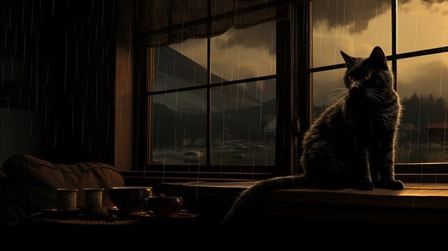  A black cat sits in front of a window, looking out at the rain
