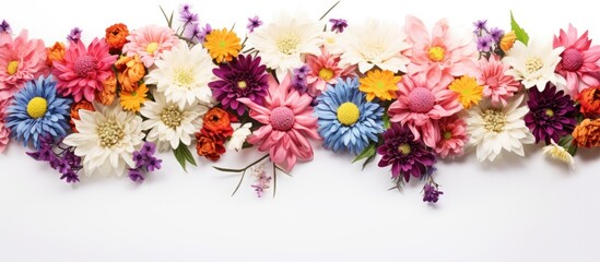 Colorful flowers against a white backdrop create a vibrant and refreshing image perfect for any design with copy space image.