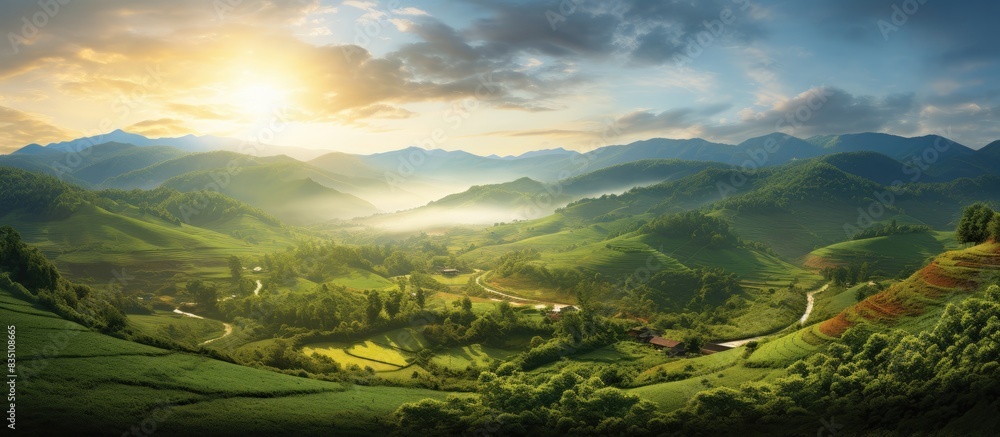 Poster sunlight casting a warm glow in the peaceful valley, consisting of lush greenery, with a clear and s