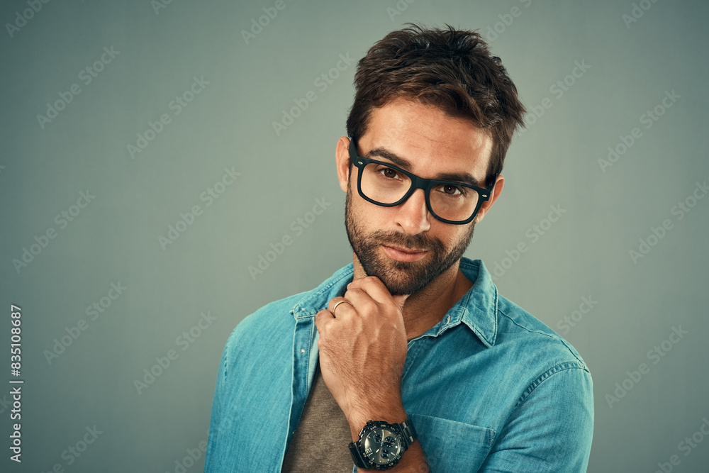 Poster portrait, thinking and man with ideas, glasses and problem solving on grey studio background. face, 