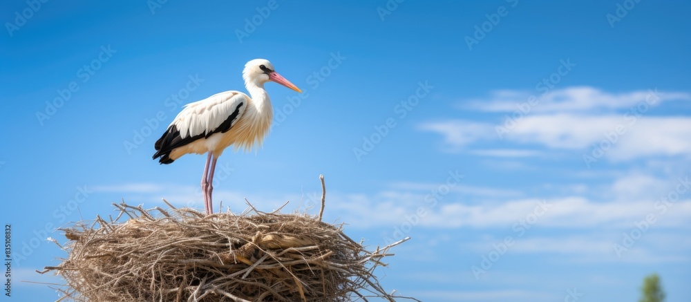 Poster A single stork perched in its nest against a clear blue sky in a serene setting with copy space image.