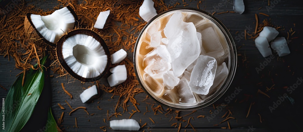 Poster coconut latte over ice with a copy space image suggest refreshing, creamy, and summery vibes.