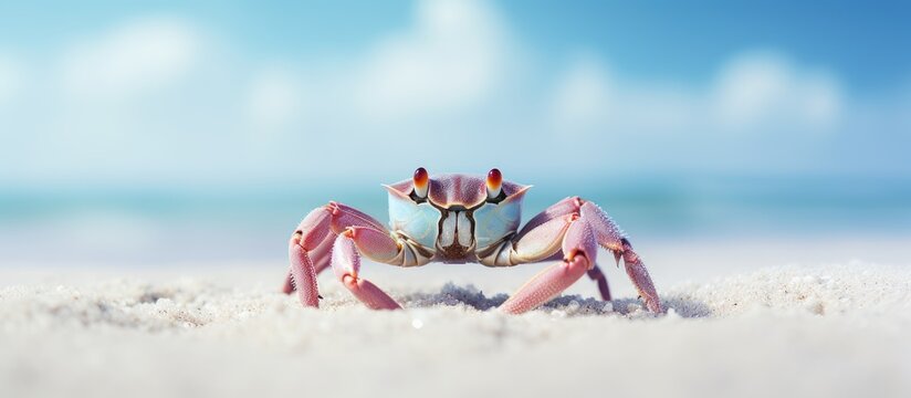 A ghost crab scuttling on the sandy beach with a distinct appearance against the backdrop, creating a picturesque copy space image.