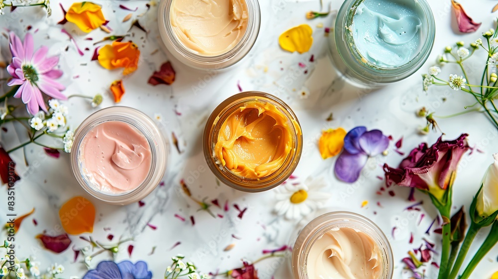 Poster a close-up image of various face creams and masks in jars on a light background, surrounded by flowe