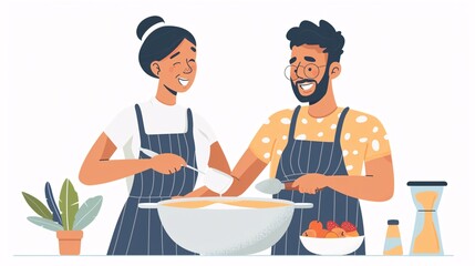 A picture of a young couple baking together, sharing a laugh while mixing ingredients in a large bowl, creating a warm and joyful atmosphere.