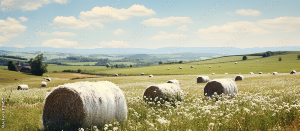 Poster meadow with haystacks and white flowers, providing a charming countryside scene with a rustic touch 