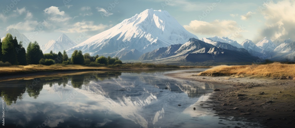 Aufkleber during summer, a scenic photograph of a snow-capped mountain with a reflection in a river is showcas
