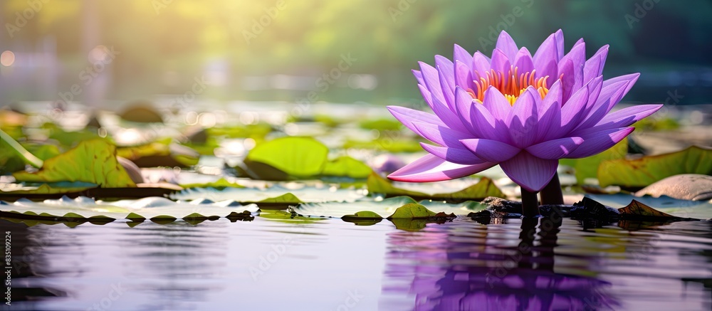 Poster a purple lotus in a serene pond offers a tranquil setting with copy space image.