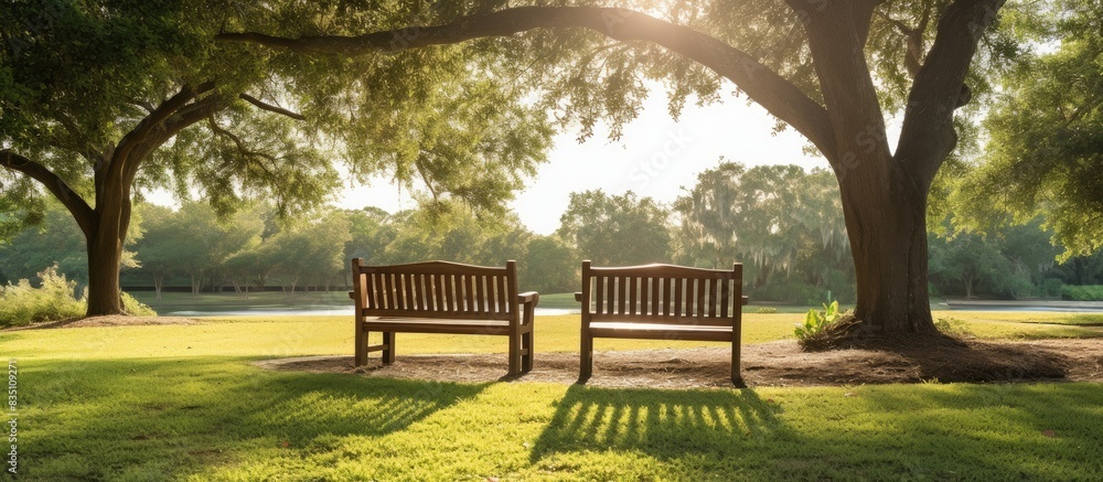Aufkleber park setting with two wooden benches providing seating area, with a tranquil background and ample co