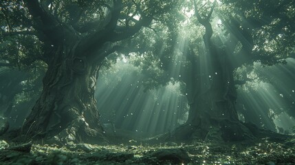 An enchanted forest bathed in ethereal light. Majestic ancient trees with gnarled roots and dense foliage are illuminated by sunbeams filtering through the canopy, creating a mystical atmosphere.