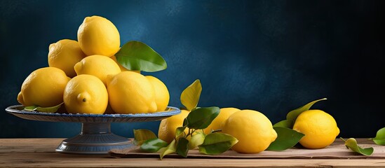 Group of fresh lemons and a large, beautiful cake displayed on a yellow serving tray with copy space image. - Powered by Adobe