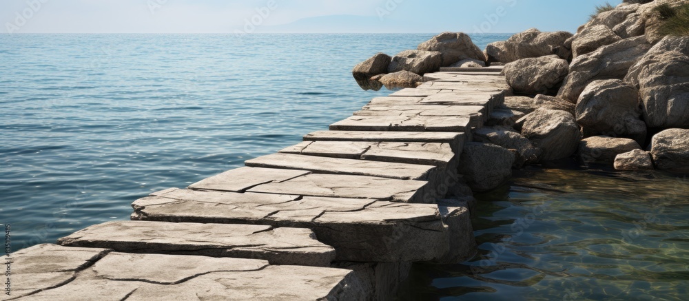 Poster stone construction of rocks for a jetty with a copy space image.