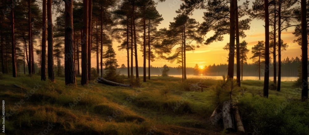 Poster Sunset in a pine forest with an anthill and space for writing. with copy space image. Place for adding text or design