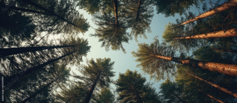 Poster bottom view of pine tree crowns in a forest, wide angle copy space image capturing the treetops from
