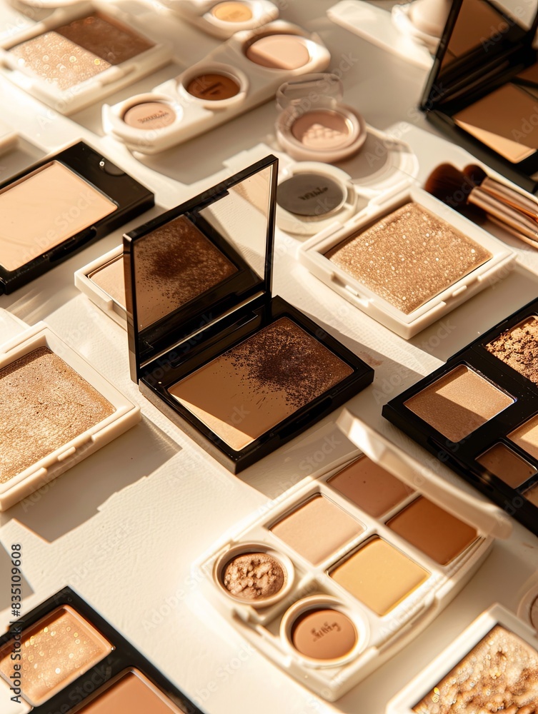 Poster a variety of makeup palettes and highlighters are arranged on a light background. generative ai