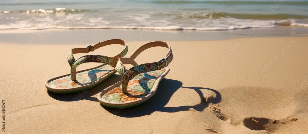 Aufkleber Sandals with a thong design placed on the sandy beach, with empty space for an image. with copy space image. Place for adding text or design